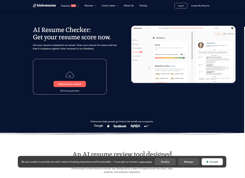 Kickresume AI Resume Checker screenshot