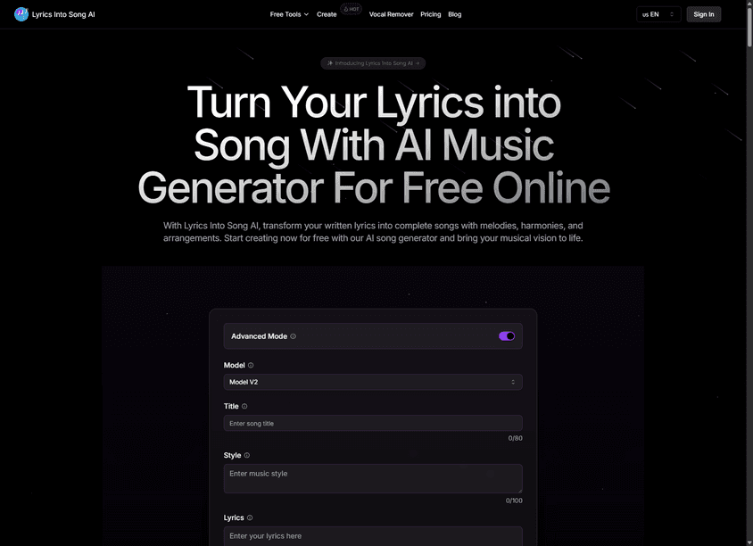 Lyrics Into Song AI screenshot